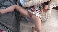 Stepmom is stuck under the ottoman