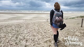 Risky public outdoor flashing & fucking dildo on the beach