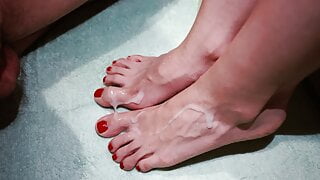 He cums on my feet, hot teen cum