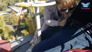 Extreme public blowjob and cum swallow from dirty milf on the ferris wheel