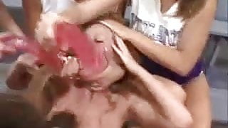 Fight and sex with dildos between Cheerleaders.