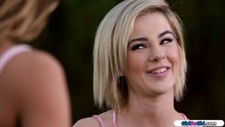 Blonde gets first kiss from new neighbor and is facesitted